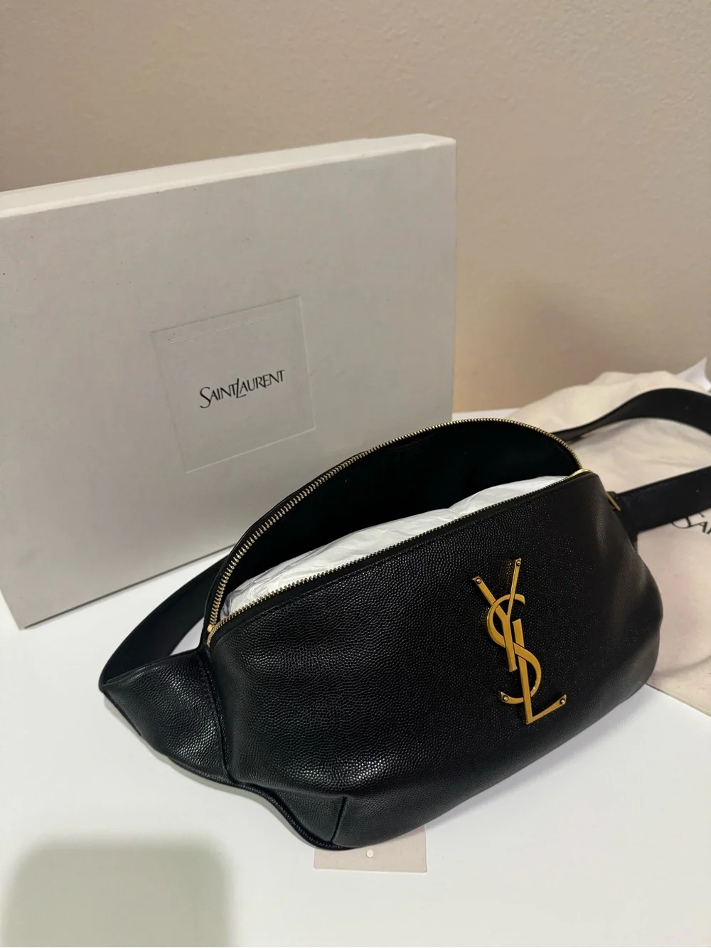 Saint Laurent YSL Cassandre Black Leather Belt Bag Full Set